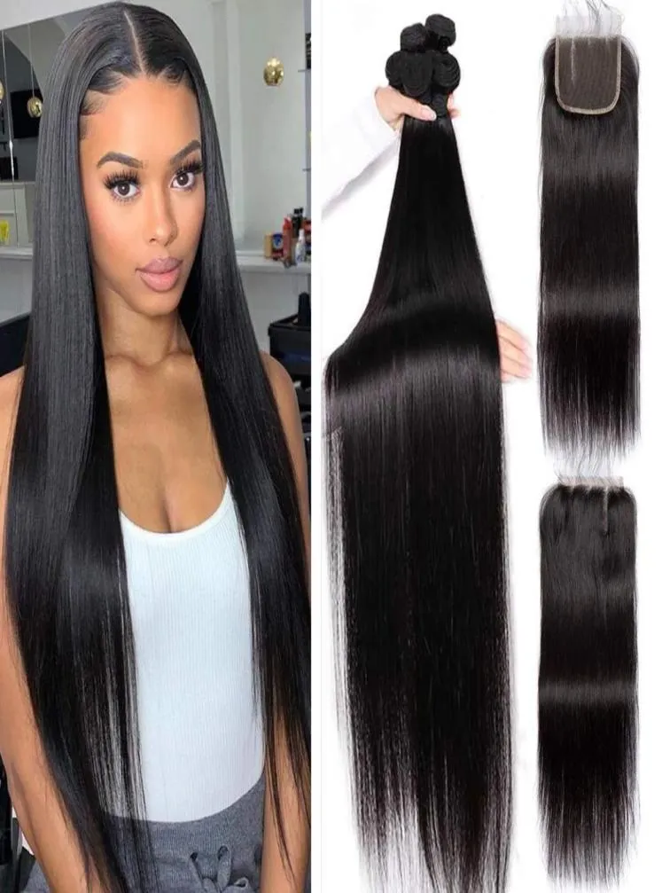 30 32 34 36 38 40 inch Brazilian Straight Human Hair Weaves Extensions 4 Bundles with Closure Middle 3 Part Double Weft Dyeab6059184