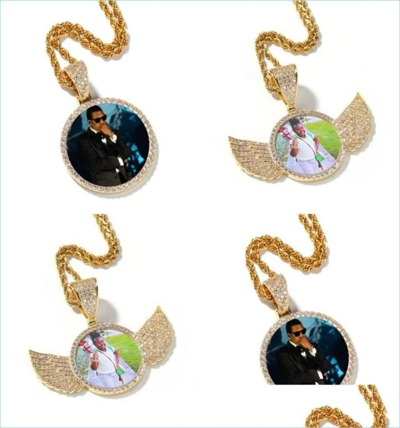 Ожерелья с подвесками в стиле хип-хоп Iced Out, ожерелье с подвеской на заказ, веревочная цепочка, круглый шарм с блестящими крыльями, медные цирконовые украшения M4112254