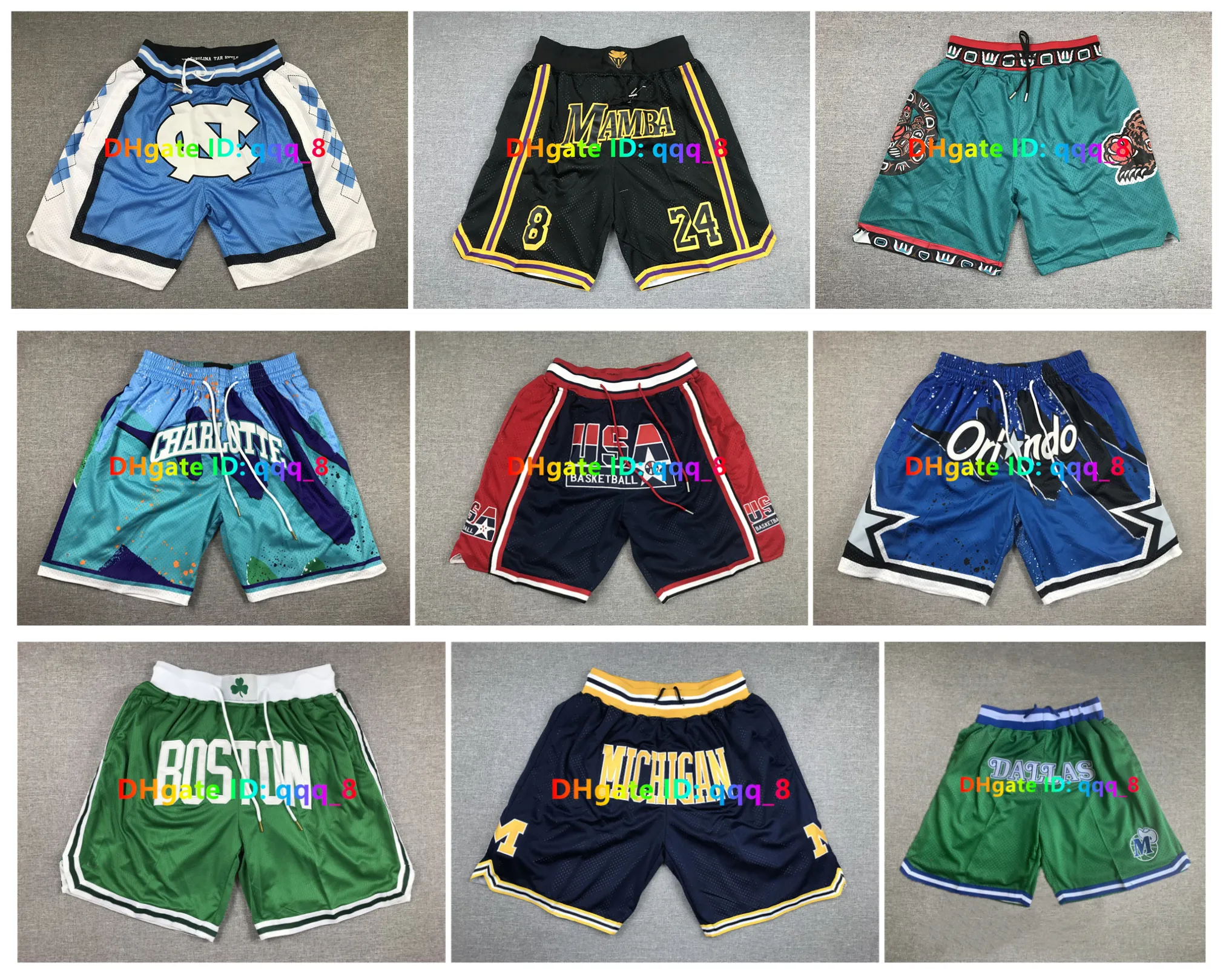 Just Don Team Basketball Shorts court court panier USA football avec poche Zipper Hip Pop Sport Wear Pant Pantalon de survêtement North Caroline Michigan Woerines