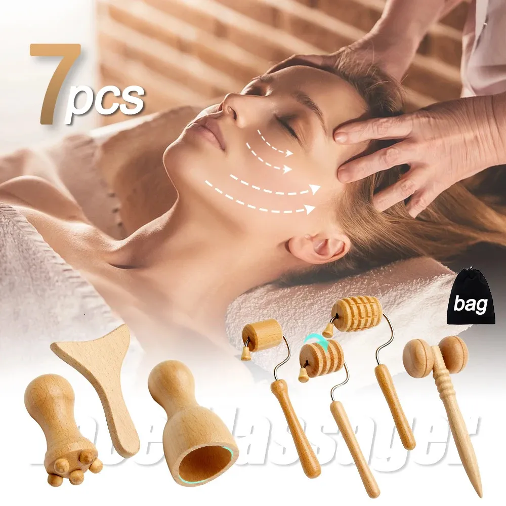 7 pçs/set massageadores faciais gua sha ferramentas terapia de madeira kit massagem meridiano rolo levantamento masajeador maderoterapia raspador 231225