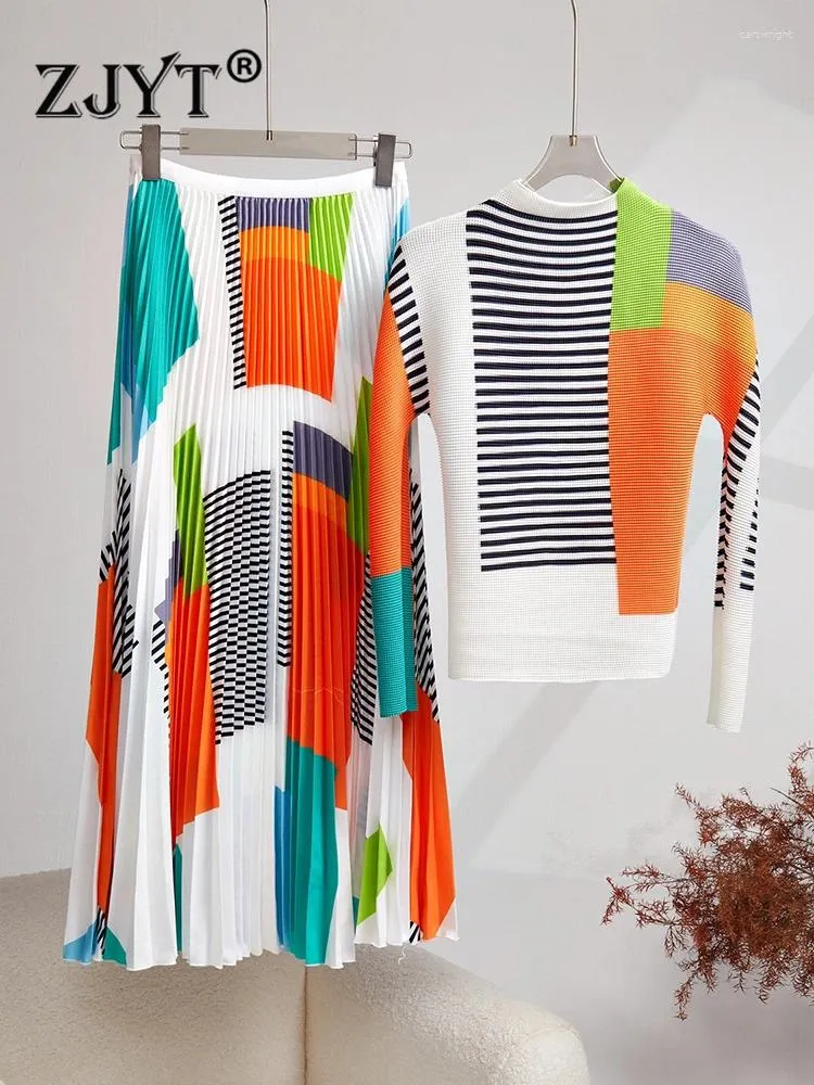 Robes de travail ZJYT Midi robe plissée ensembles deux pièces tenue pour femmes 2023 automne imprimé géométrique haut à manches longues extensible et jupe costume