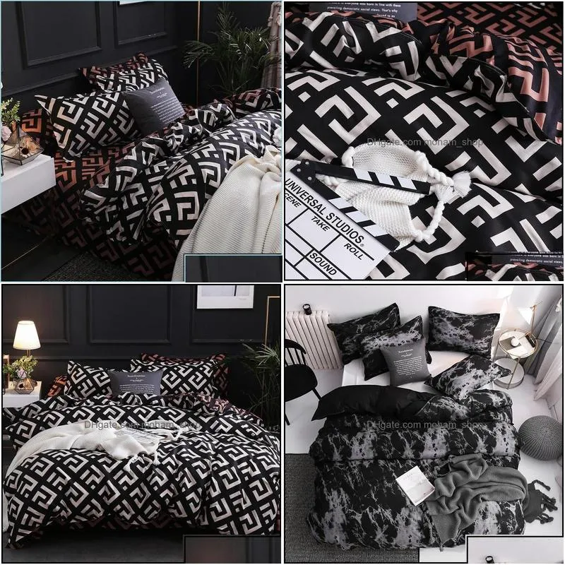 Set di biancheria da letto Set nero di lusso Queen King Single Fl Size Biancheria da letto in poliestere Piumino Er Plaid moderno per uccelli con federa Consegna drop Dhlly