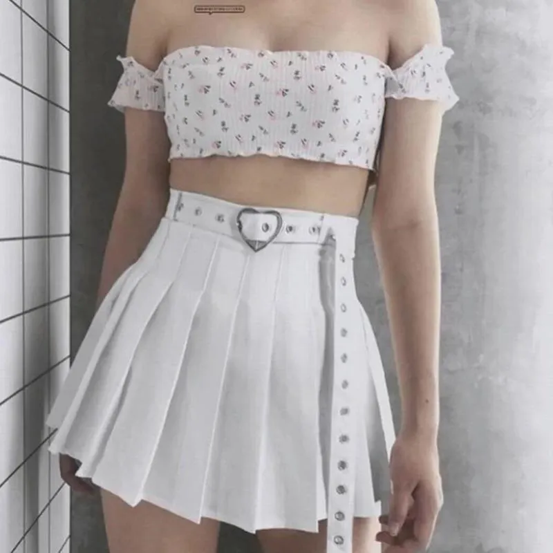 Jupes Haruku coeur ceinture jupe plissée femmes école Egirl Cheerleading ceinturée mini jupe avec short sûr/