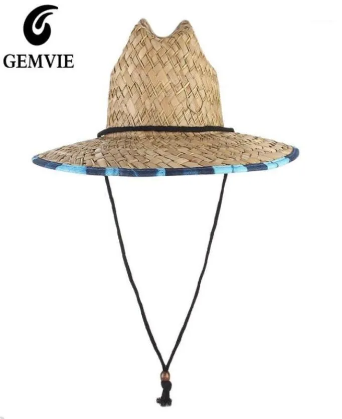 Chapéus de borda larga GEMVIE Lifeguard Straw Safari Hat para homens mulheres verão sol com cordão de queixo17819352