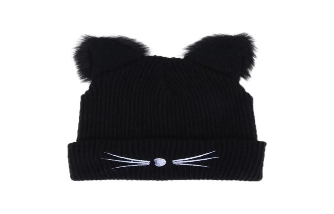 Cappello invernale caldo per le donne Cappello carino orecchie di gatto Cappello Skullies Cappelli con pompon Cappello femminile Femme Cappello di lana intrecciato a maglia nera Y19117804