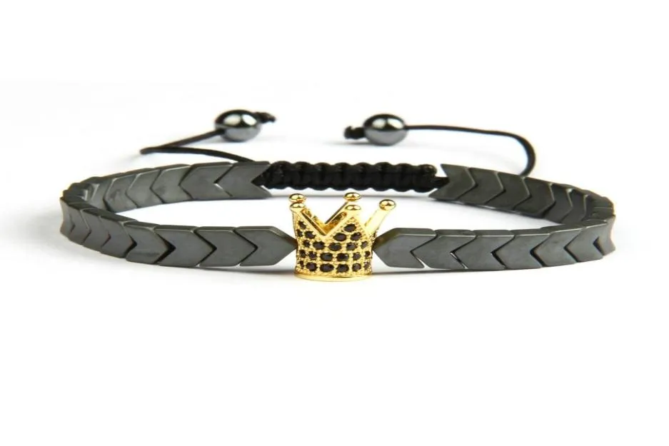 CZ Crown Men Bracelets Whole Micro Pave Black Cz Gold Crown Bransoletka z hematytowymi kamiennymi koralikami Prezent dla mężczyzn6260882