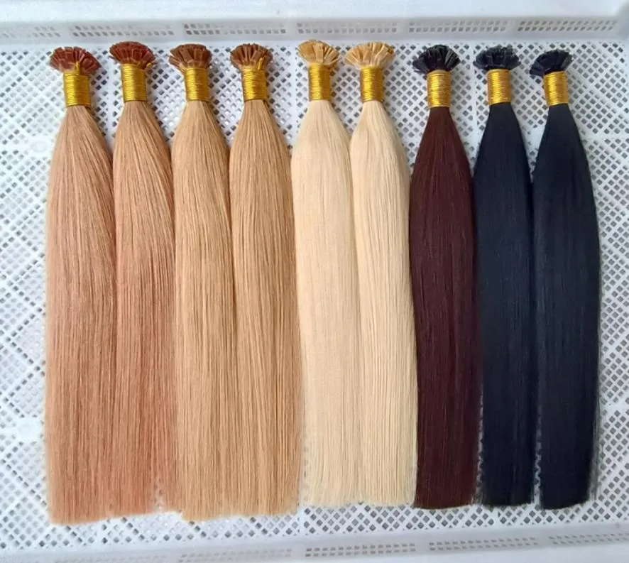Fusion italiensk keratin platt spets Förbundet hårförlängning remy riktigt mänskligt hår 1426 tum silkeslen rak mörkbrun svart blond b8364703