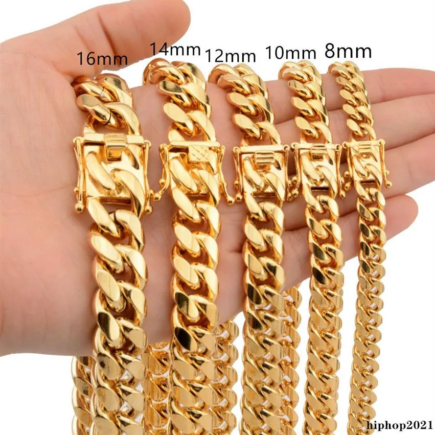8mm 10mm 12mm 14mm 16mm Miami Cuban Link Chains Stainless Steel Mens 14K Gold Chains High Polished Punk Curb Necklaces299g