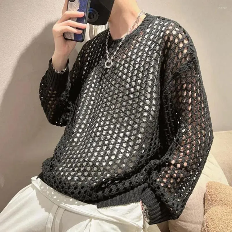 Homens camisetas Homens Manga Longa Top Hip Hop Malha Fishnet Clubwear Cor Sólida Pescoço Transparente Pulôver Para