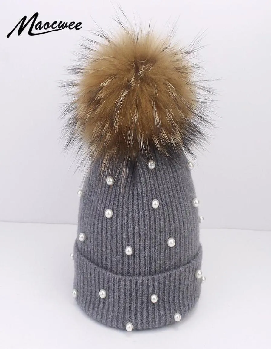 Gorros de lã femininos de pele natural real pom poms moda pérola chapéu de malha meninas gorro feminino pompom chapéus de inverno para mulheres 6435559