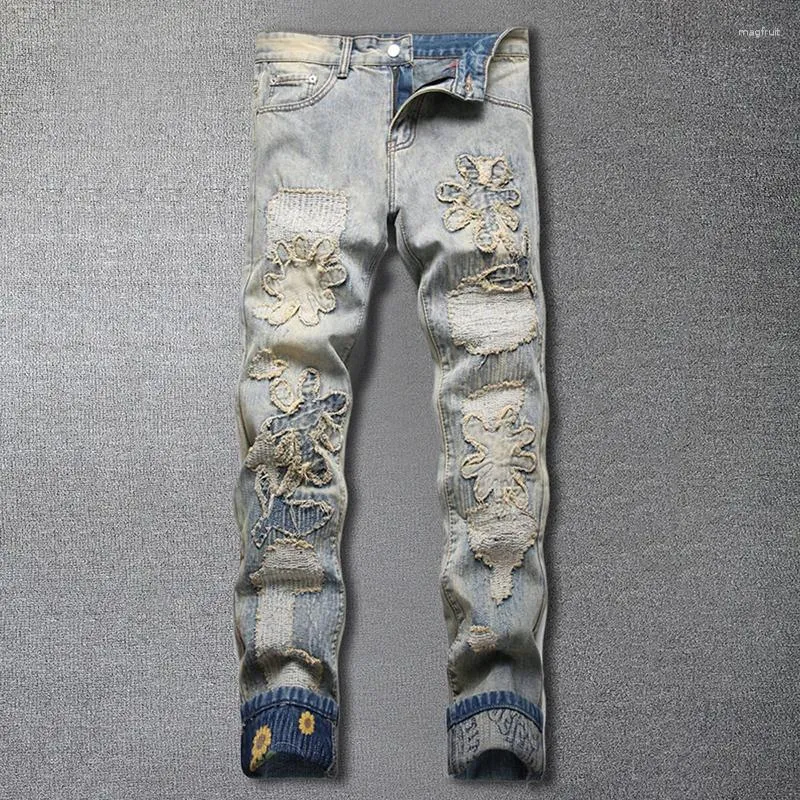 Мужские джинсы 2024, весенние облегающие прямые джинсы High Street для мужчин, повседневные хип-хомбре, мотоциклетные брюки в стиле пэчворк Homme