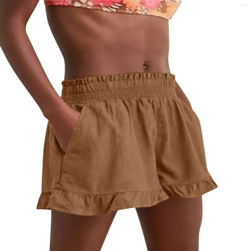 Pantaloncini da donna Donna Elastico in vita Casual Estate Comodo Beach Ruffle 2 tasche Gamba larga Mini corto femminile De Mujer