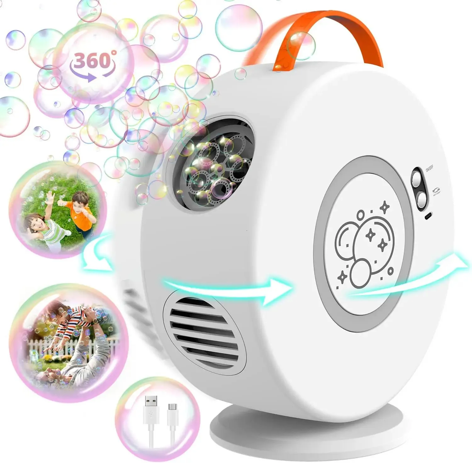 Brinquedo da máquina da bolha para crianças ventilador automático da bolha recarregável 360 ° rotatable elétrico portátil ao ar livre presente da festa de casamento 231226