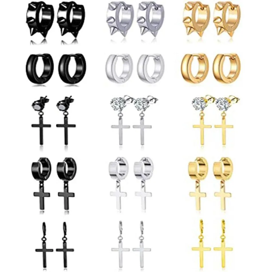 Stud 15 paires de boucles d'oreilles croisées en acier inoxydable Punk bandeau pointu Huggie CZ charnière boucle d'oreille ensemble argent noir Gold2800962