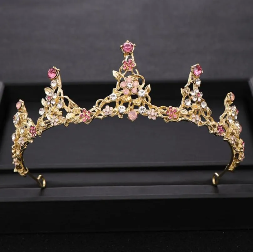 Modny różowy kryształ księżniczki korona złota ślub tiara diadem ślubny dhinestone rhinestone biżuteria do włosów