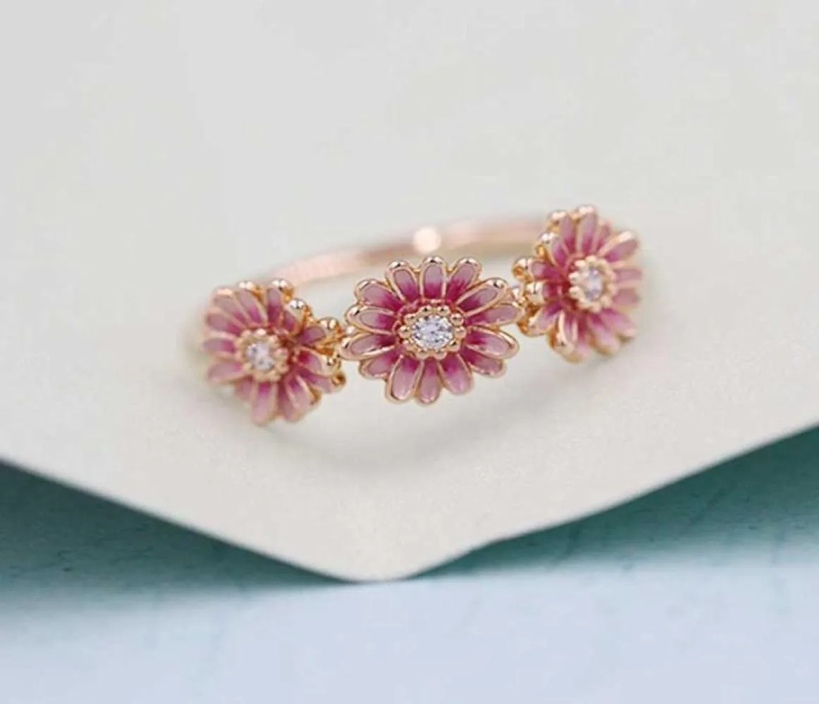 2020 NYA 100% 925 Sterling Silver European Style Pink Daisy Flower Emamel Trio Ring for Women3576917