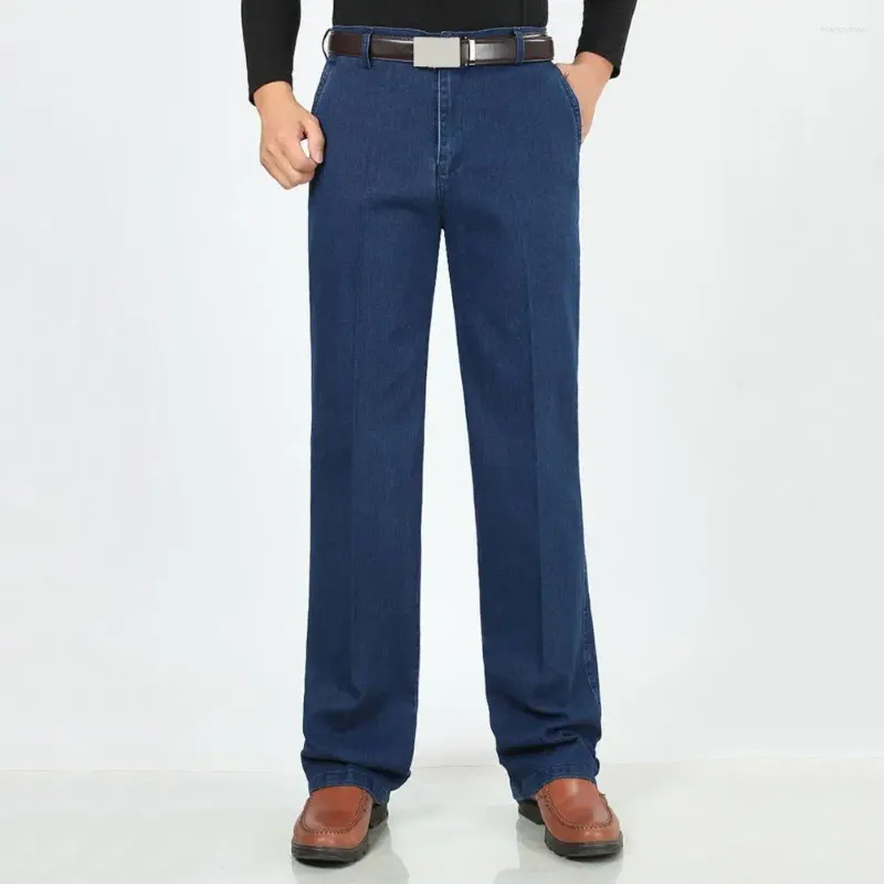 Jeans masculinos homens cintura alta em linha reta perna larga cor sólida bolsos zíper fechamento denim formal estilo de negócios calças compridas