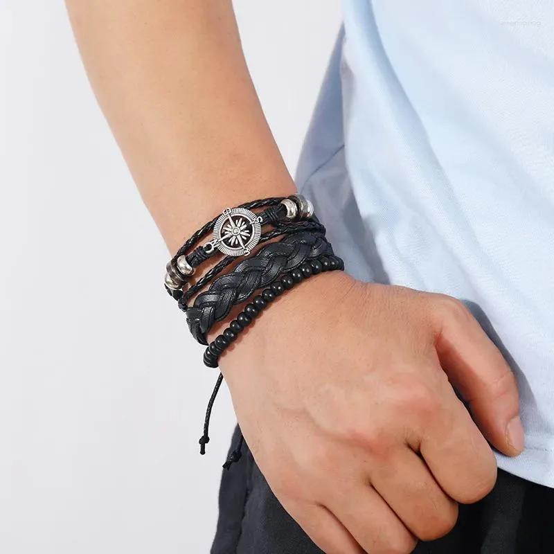 Braccialetti con ciondoli Bracciale in pelle vintage da uomo Serie Compass All Black Set di tessitura da uomo Handrope Gioielli a mano