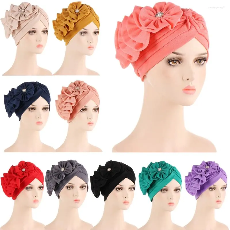 Ethnic Clothing Fashion Women Diamonds Flower Turban Cap Soild Color Muslim Headscarf Bonnet Inner Hijabs Arab Head Wraps Hat