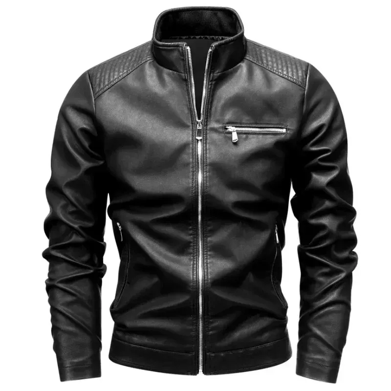 Spring Autumn Men's MotorCycle Leather Jacket Fashion Slim Fit Stand Collar Black Solid Color Windproof Drive Coat Biker Jackor 231225