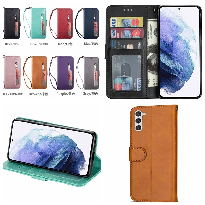 Custodie a portafoglio in pelle con cerniera per Samsung S24 Ultra Plus A15 A05 A05S A24 A25 S23 FE Cornice porta denaro contante Tasca ID credito 3 Porta carte di credito Flip Cover Custodia da uomo