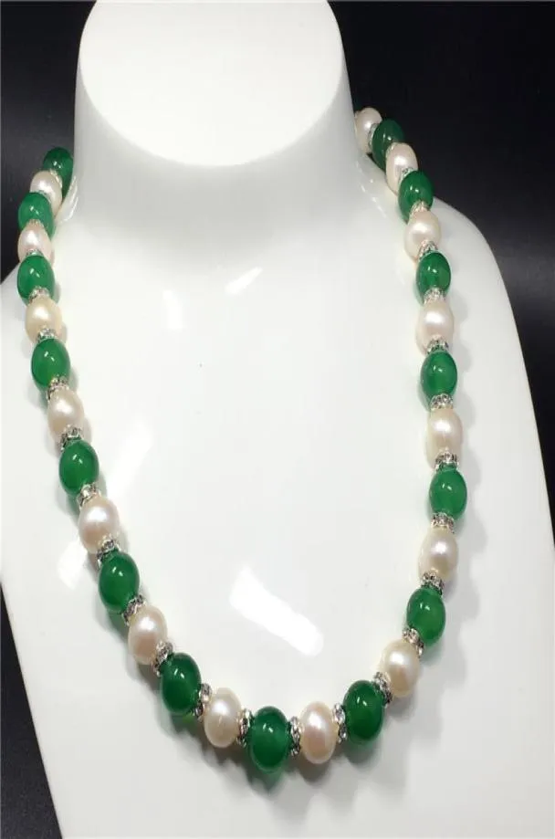 Sälj Natural 89mm White Freshwater Pearl Green Jade Beads Halsband 48 cm Fashion Jewelry5091159