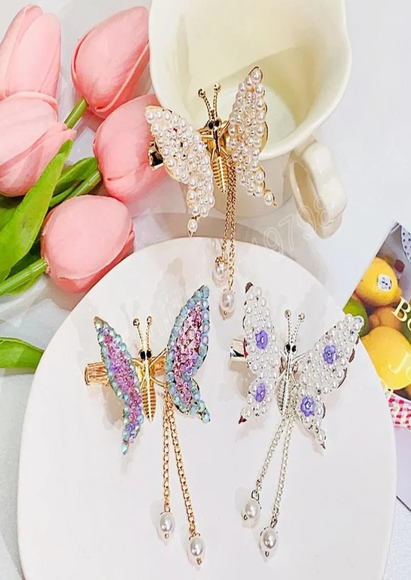 Pasadores Vintage de perlas y diamantes de imitación para niñas, pinzas para el pelo con borlas de mariposa, horquilla elegante, accesorios para el cabello a la moda 5295882