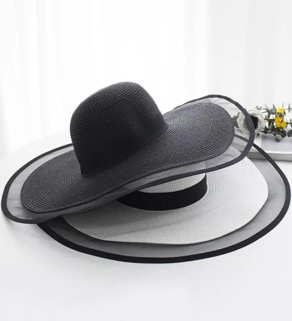 Шляпы с широкими полями, соломенная шляпа 15 см, кружевная пляжная женская модная женская летняя шляпа 2022, складная солнцезащитная козырек с УФ-защитой5372337