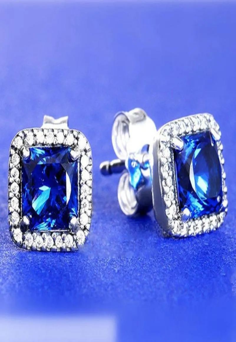 925 Sterling Silver Blue Square Sparkle Halo Kolczyki pasują do europejskiego stylu p stylu biżuterii 8842353