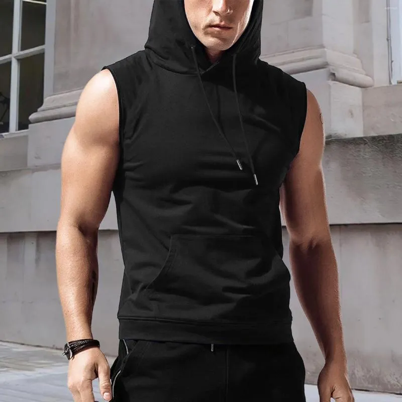 Mens T-shirts Fashion Hooded Trawstring Top Couleur Couleur continue sans manches lâches Pocket Ffitness Muscle Training Hoodie Retro Comfort