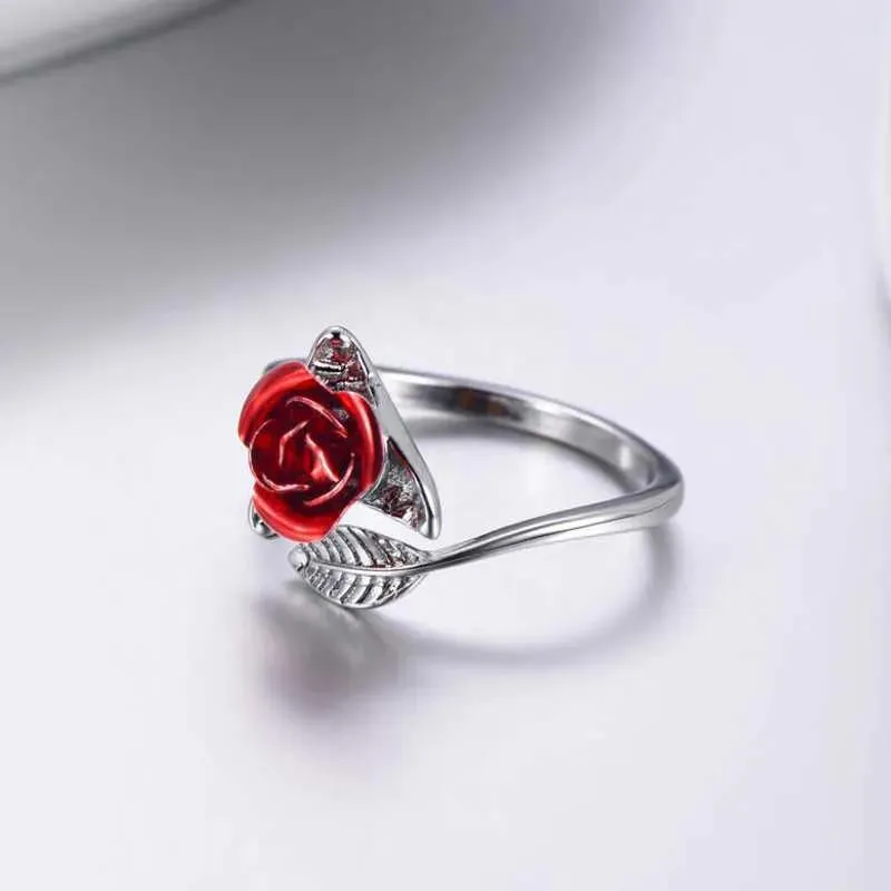 Anneaux Bagues femmes anneaux ouverts rouge Rose fleur feuilles anneaux Simple mode bague bijoux dame saint valentin cadeau bijoux G230