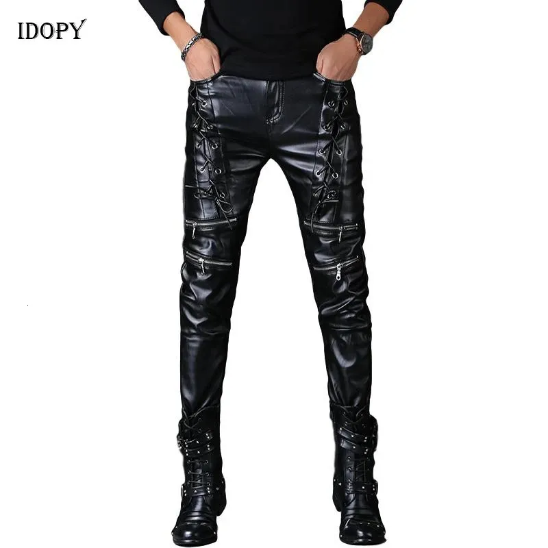 Idopy Men's Leather Pants Black Punk Style Skinny Lace Up Party Stage Performance Steampunk Faux Pu Pleather Trousers For Male 231226