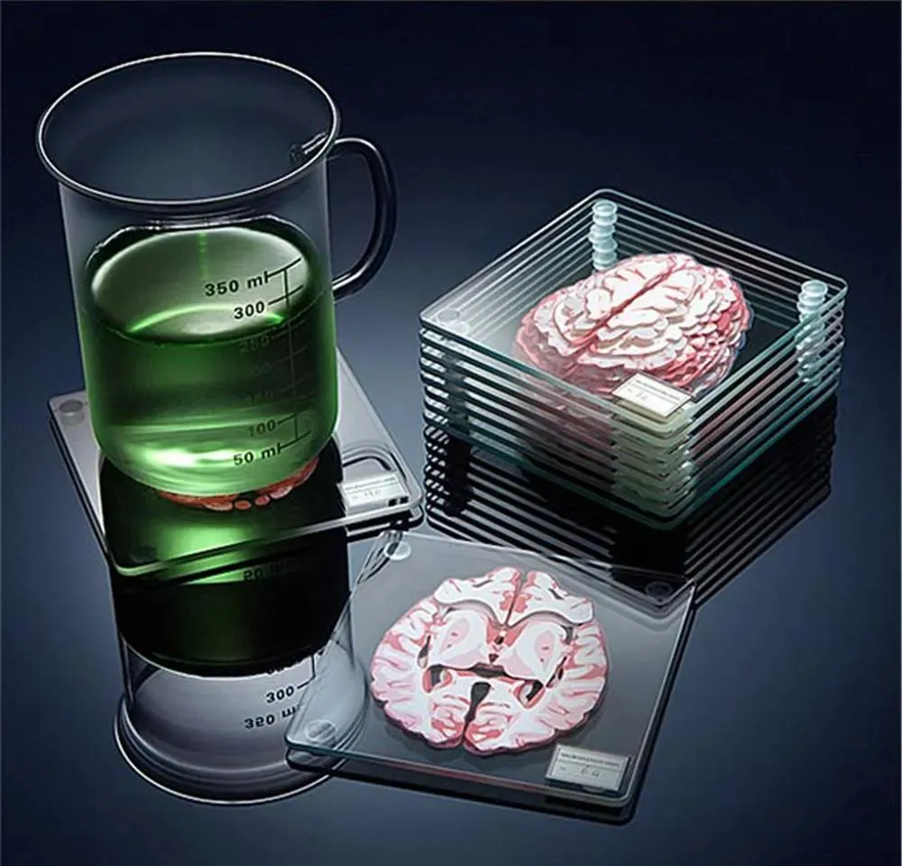 PADS 201125 Coasters Glass Square Brain Brain Specine Spécimen Ensemble de table en acrylique Ord Ord Ord Travail 3D Boissons scientifiques ivre Coaster Gift Coaster J