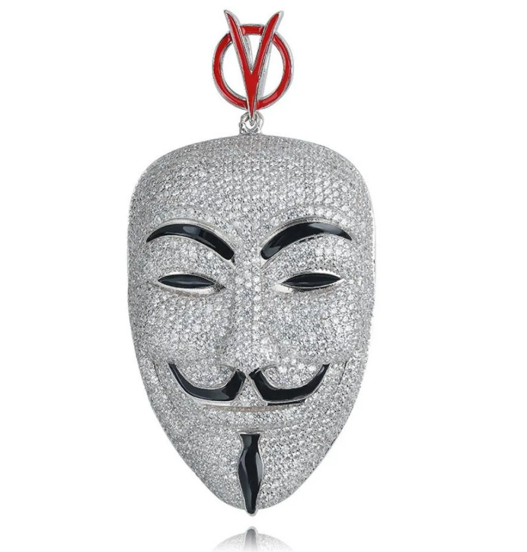 Hip Hop V for Vendetta Ketting Zilver Kleur Cubic Zirkoon Masker Hanger voor Mannen Ice Out Tennis Chain Rapper Jewelry9829330