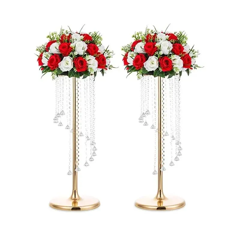 Supports de grands centres de table de mariage, vases dorés, vase à fleurs en cristal, support de fleurs en métal argenté pour décorations de tables de fête D00se