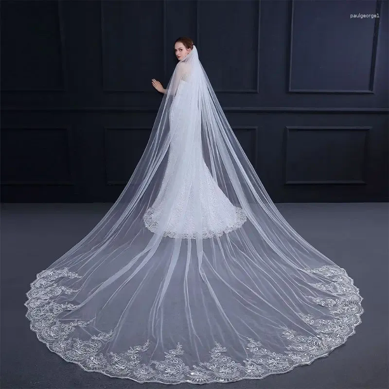 Bridal Veils One-Layer Women Trailing Cathedral Long Wedding Veil Embroidered Floral Lace Applique Scalloped Trim With Comb