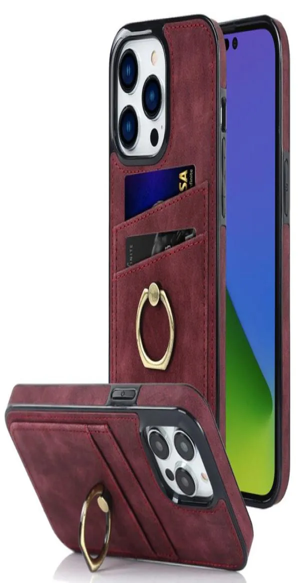Lyxdesigner Retro Card Slot Leather Cases Ring Buckle Bracket Telefonfodral för iPhone 14 13 12 Pro Max Mini 11 Pro XS X XR 6S 7 1234158