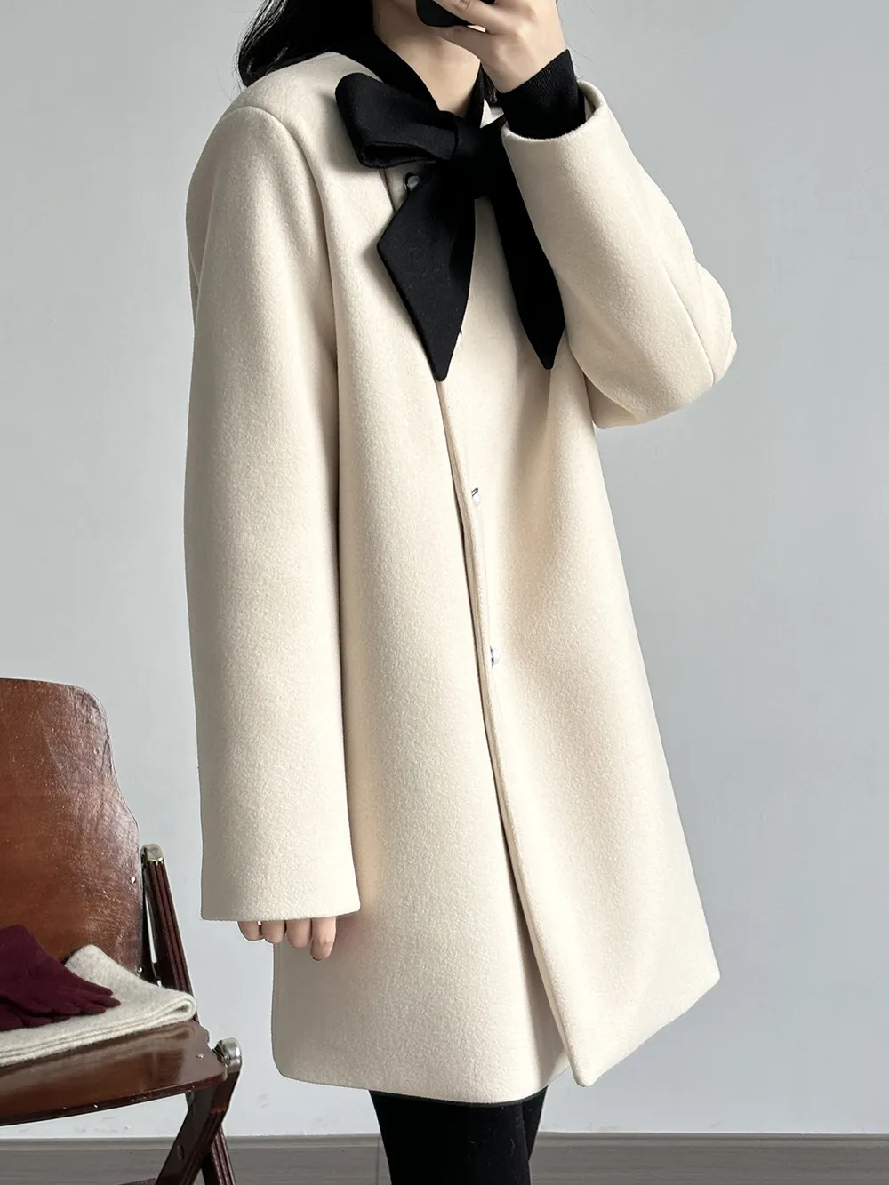 New Year's Small Fragrant Wind Contrast Color Bow Woolen Coat Winter Down Coat