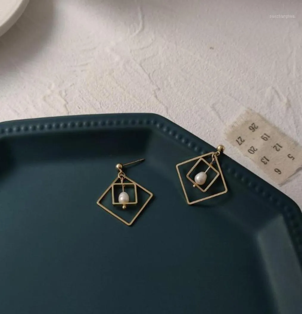 Stud Luxury Jewelry Designers Gold Square Hanging Earrings Vintage Handmade Freshwater Pearl Dangle Drop For Women5023471