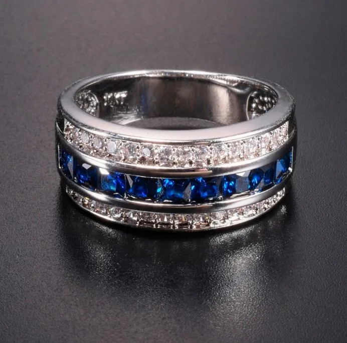 Men039s Deluxe 10k witgoud vergulde blauwe saffier granaat kristal steen band trouwring voor mannen vrouwen sieraden maat 812 J190704241321