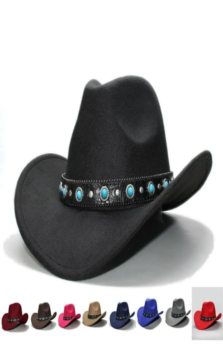 Szerokie czapki Retro Kobiety Mężczyźni 100 Wool Cowboy Western Cowgirl Bowler Hat Fedora Cap Turquoise Bead Vintage Skórzany zespół 57CMADJ6943150