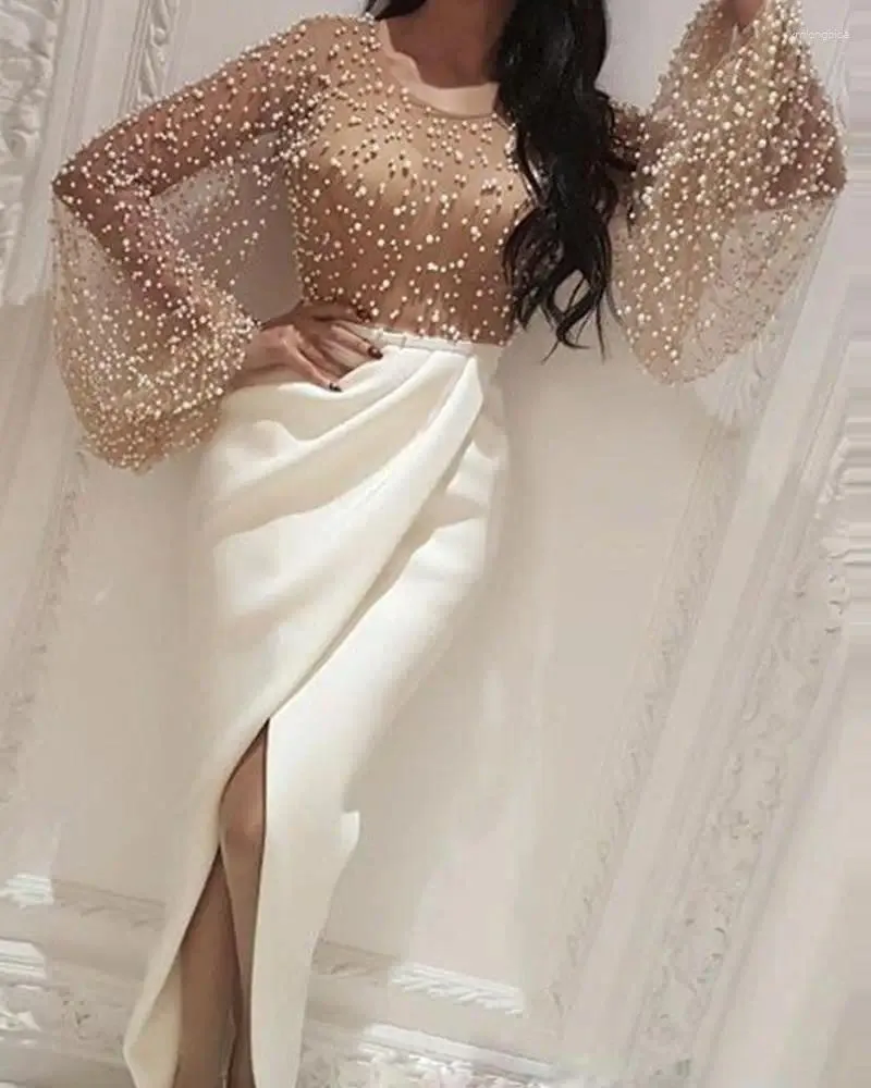 Lantern Sleeve Maxi Dress Womens Long Sleeve Beaded Evening Gown Mesh  Patchwork Slit Formal Gown Party Dress From Xmlongbida, $23.43 In Bulk |  DHgate.Com