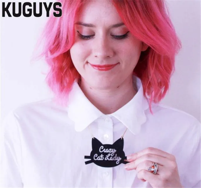 KUGUYS Trendy Jewelry Letter Crazy Cat Lady Necklace for Women Fashion Acrylic Black Kitten Large Pendant Necklace Sweater Chain1994721