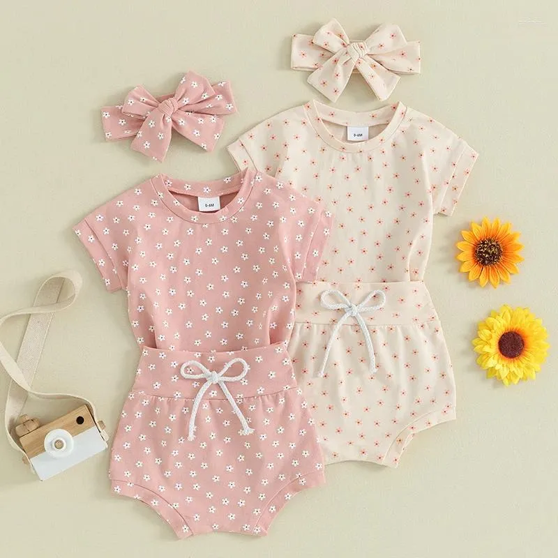 Clothing Sets Infant Born Baby Girl Summer Kids Cotton Floral Print Short Sleeve Pullover T-shirts High Waist Shorts Headwear