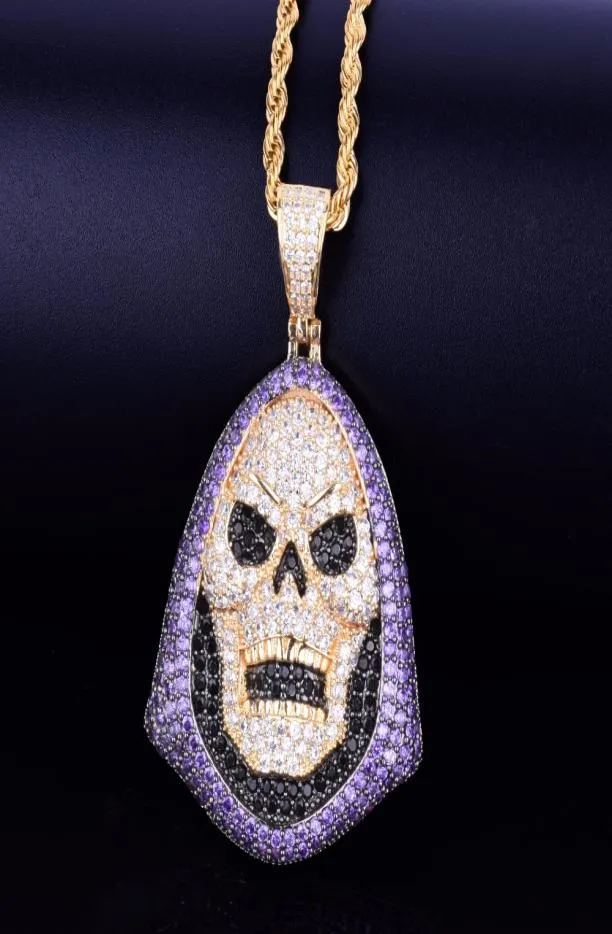 Hoody Skull Purple Stone Pendant Halsband Personlighetskedja Guld Silver Iced Out Cubic Zirconia Hip Hop Rock Jewelry9189225