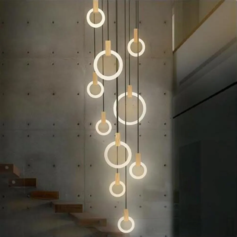 Moderne Nodic-Holz-LED-Ring-Kronleuchter, Acryl-Ring-Treppenbeleuchtungskörper für Wohnzimmer, Esszimmer, Treppe, 3, 5, 6, 7, 10 Ringe228x