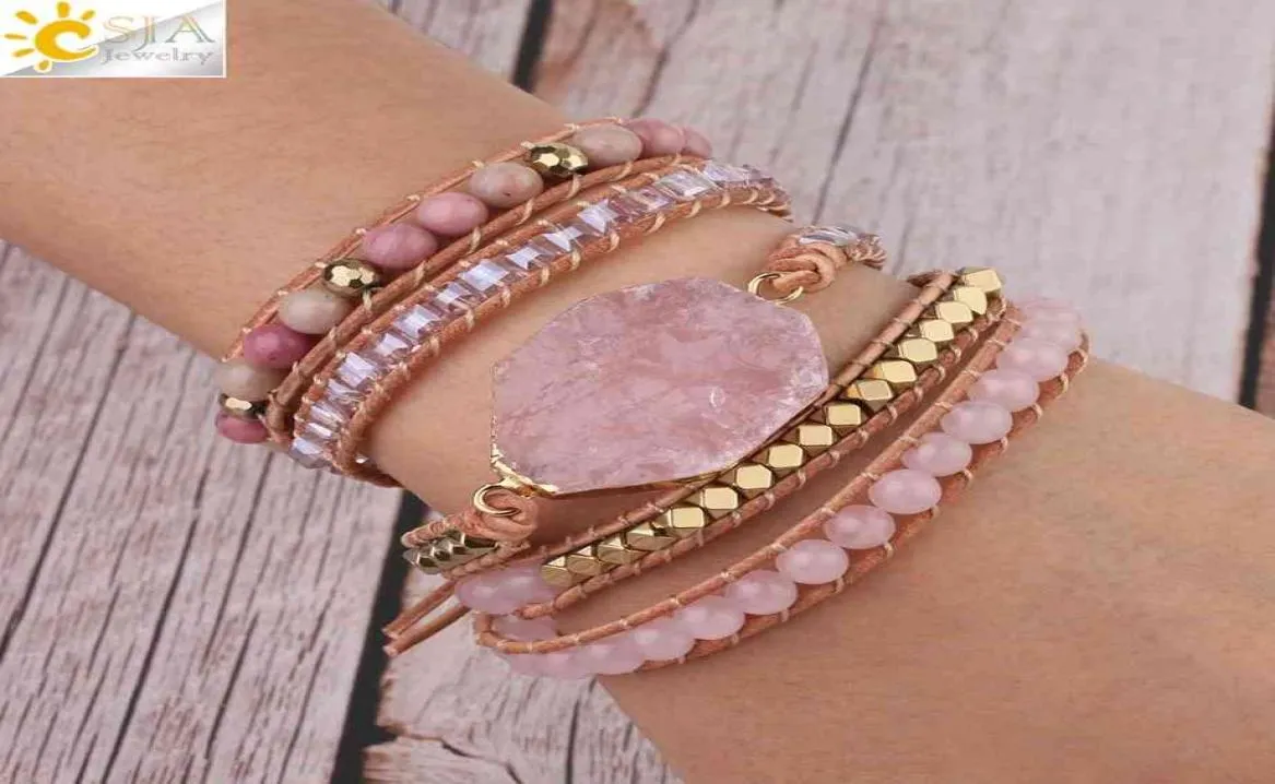 CSJA Natural Stone Armband Pink Quartz Leather Wrap Armband för kvinnor Rose Gems Crystal Beads Böhmensmycken 5 Strand S3089375621
