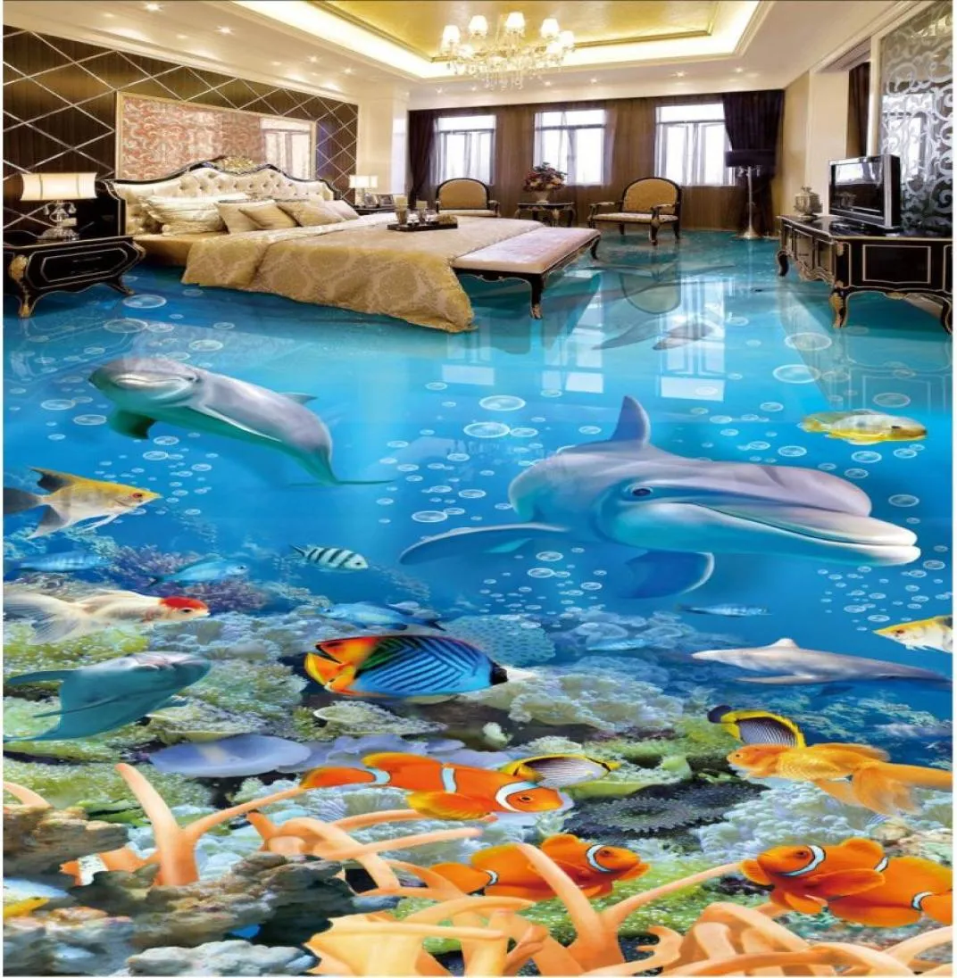 3d pvc flooring custom po Selfadhesive wall paper floor Sea World Dolphin Coral room home decor 3d wall murals wallpaper for w44116342035