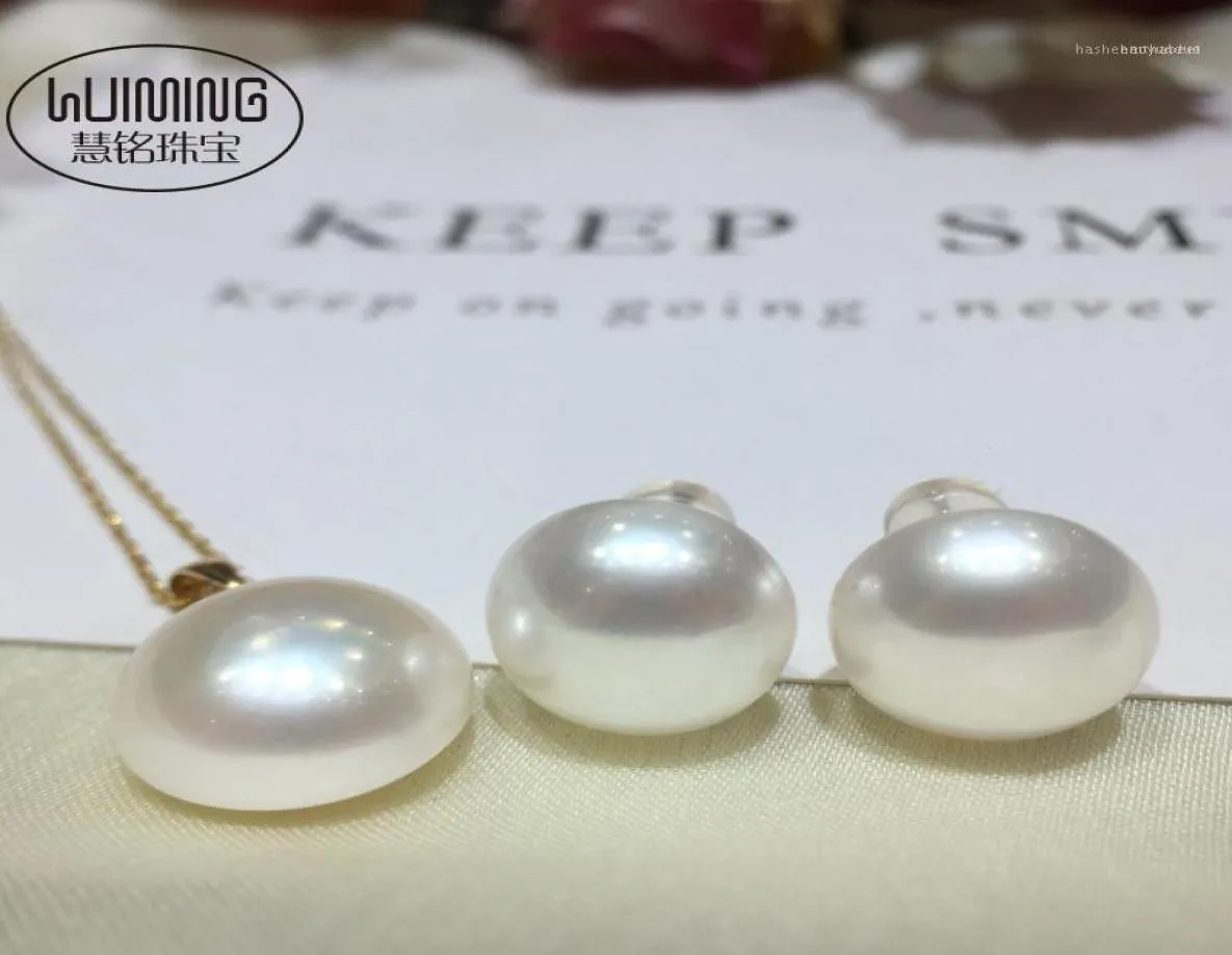 Chaînes Nature White Sound Sea Pearl Coin MABE 18k PendantEARRINGS 1314mm Perles entières FPPJ12233038