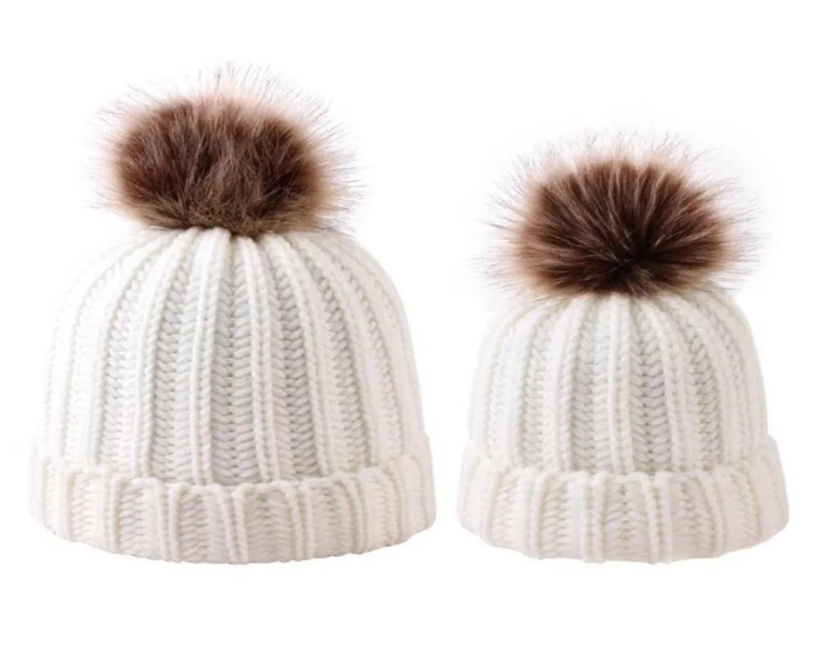 Parent-enfant Pom Pom Beanie mère bébé enfants correspondant tricot laine Pom Bobble chapeau hiver chaud bonnet OOA74335070943